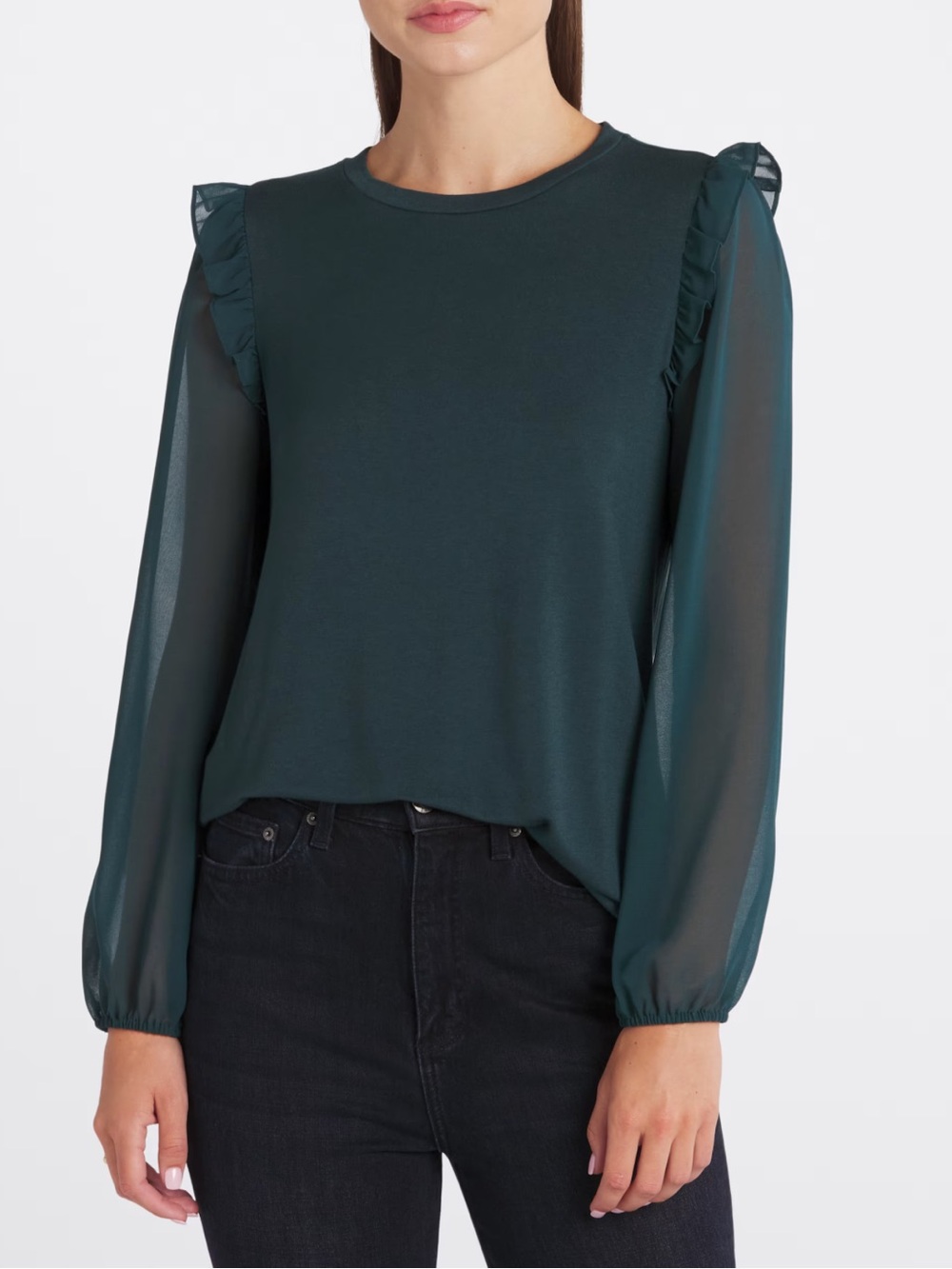 LES SEREIN Burgas Ruffle Detail Dark Green Knit Top